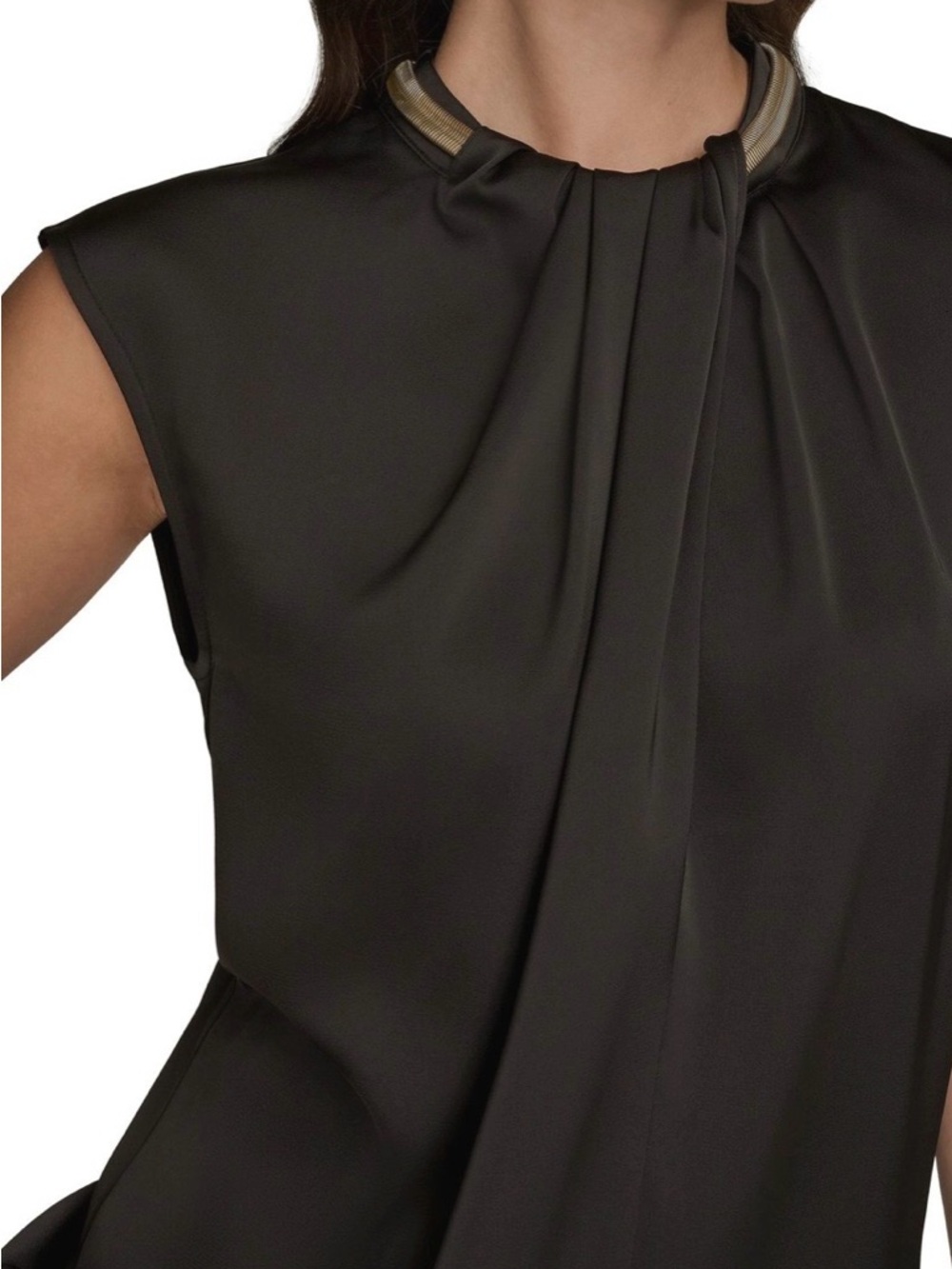 NWT Donna Karan Sleeveless Black Satin Blouse with Metallic Neck Detail
